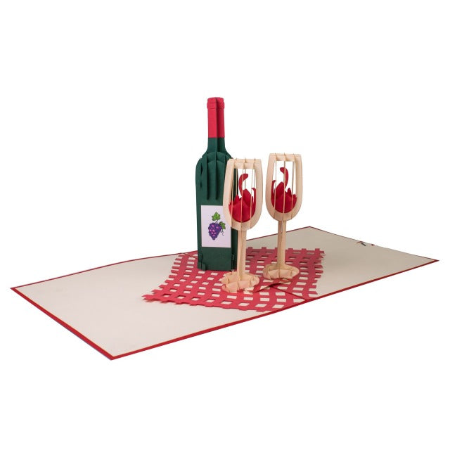 Geöffnete 3D Pop-Up Grusskarte mit Weinflasche, handgefertigt 