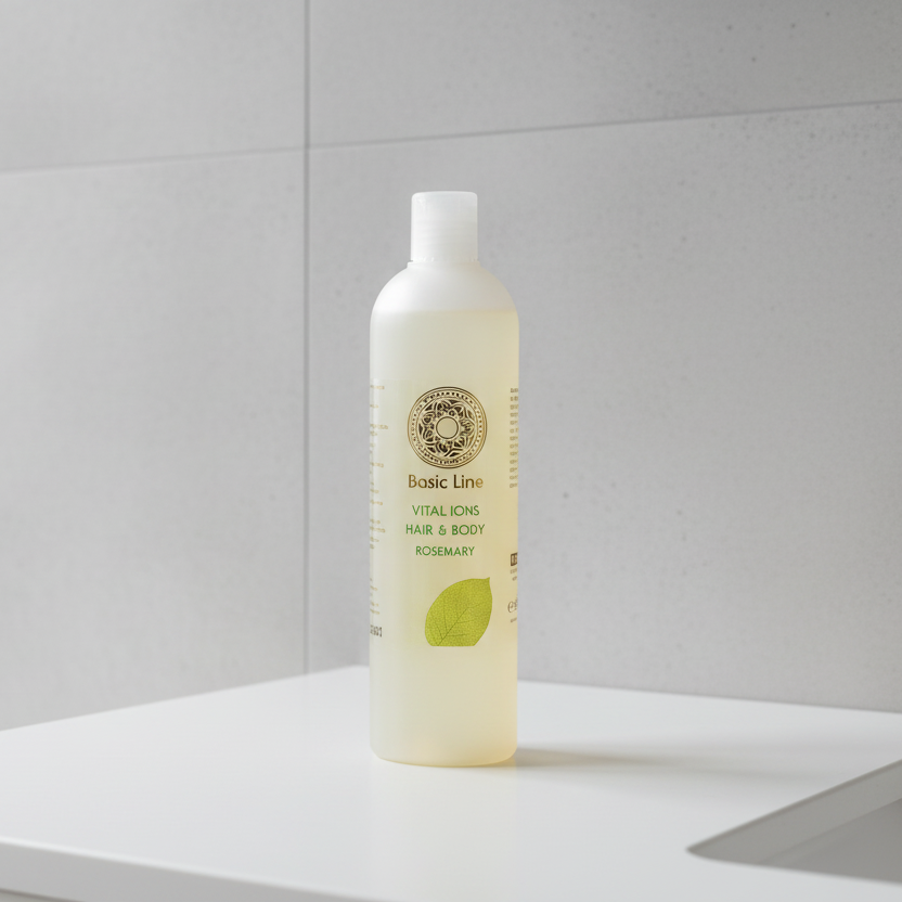 Basisches Hair-&-Body-Produkt mit vitalisierendem Rosmarinöl im Badezimmer