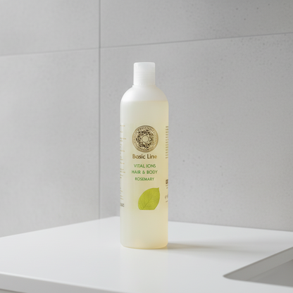 Basisches Hair-&-Body-Produkt mit vitalisierendem Rosmarinöl im Badezimmer