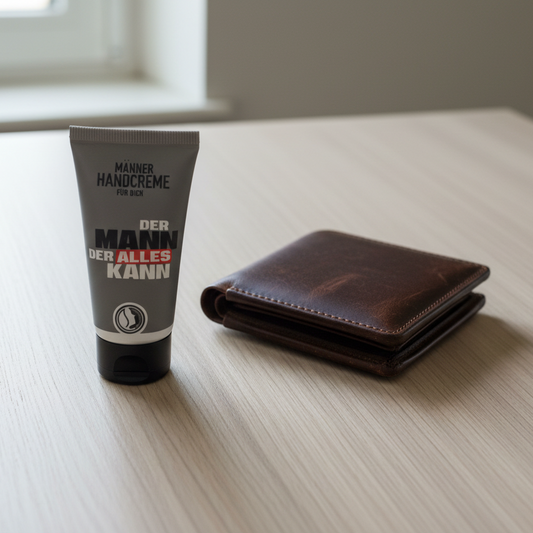 Pflegende Handcreme für ihn mit dem Spruch ''der Mann der alles kann'' neben einem Herrengeldbeutel