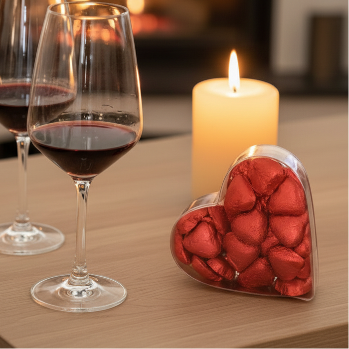 Herzschokolade in Geschenkbox – serviert mit Wein und Kerzenschein