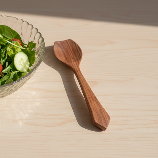 Holzlöffel neben einer Schüssel Salat