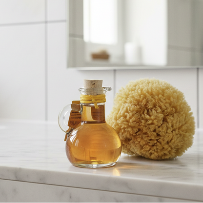 Dekoratives Glas mit Honig-Schaumbad und Naturschwamm am Wannenrand – natürliches Badeambiente.
