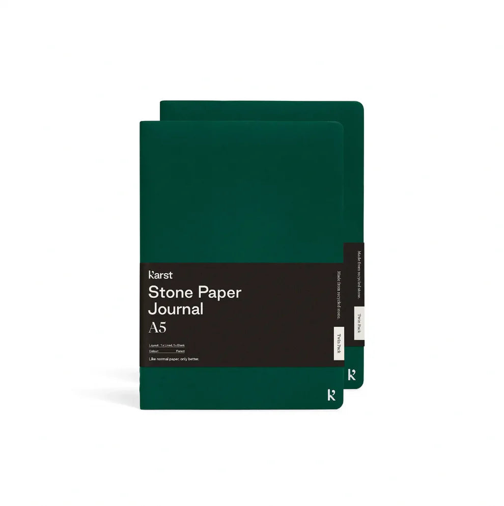 Karst Steinpapier Notizhefte A5 im 2er-Set in der Farbe Forest Waldgrün – nachhaltiges, wasserfestes Journal-Duo.