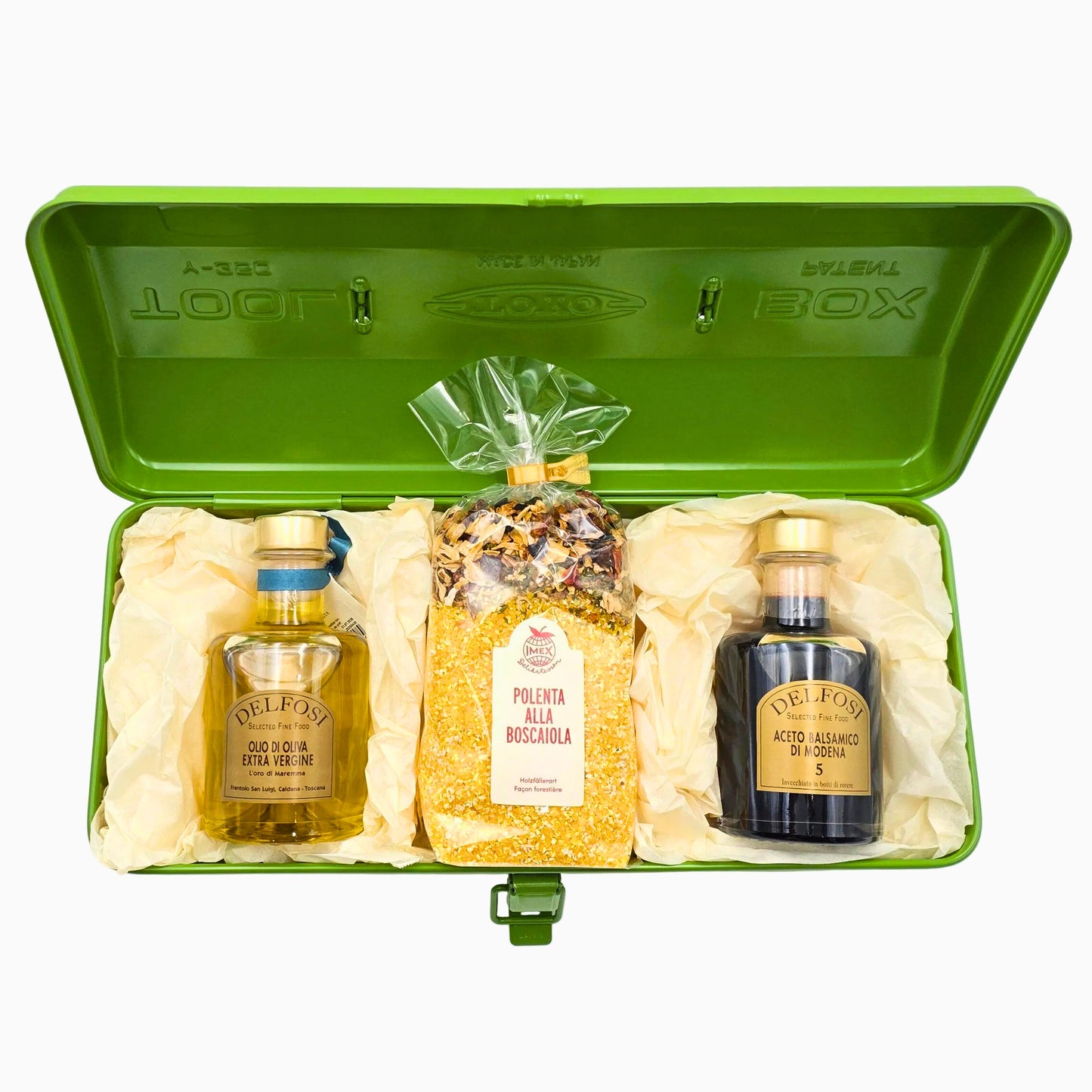 La Cucina Polenta Edition Geschenkset für Hobbyköche mit Olivenöl, Balsamico und Polenta in grüner Toyo Y-350 Metallbox