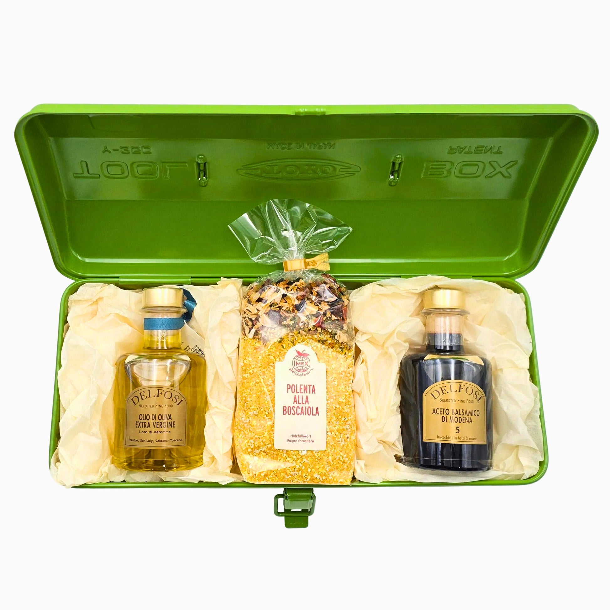 La Cucina Polenta Edition Geschenkset für Hobbyköche mit Olivenöl, Balsamico und Polenta in grüner Toyo Y-350 Metallbox