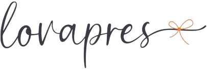 Lovapres Logo in Grau mit orangefarbener Schleife