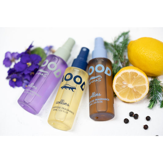 Drei Mood Water Flaschen in Reisegrösse mit den Düften Scottish Juniper, French Violet und Namhae Yuja nebeneinander
