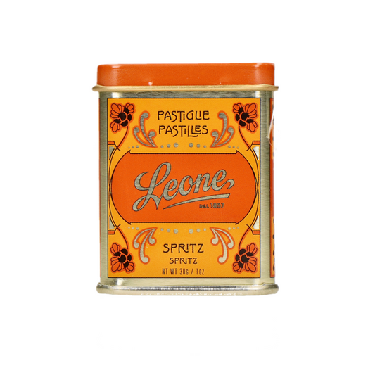 Orangefarbene Metalldose mit Leone Bonbons im Apérol Spritz Geschmack, 30 g