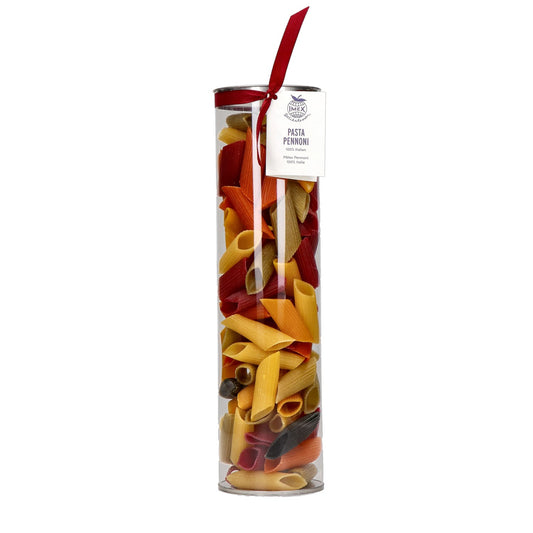 Sechsfarbige Pennoni-Pasta in einer eleganten Runddose, aromatisiert mit Tomate, Spinat, Randen, Kurkuma und Tintenfischtinte