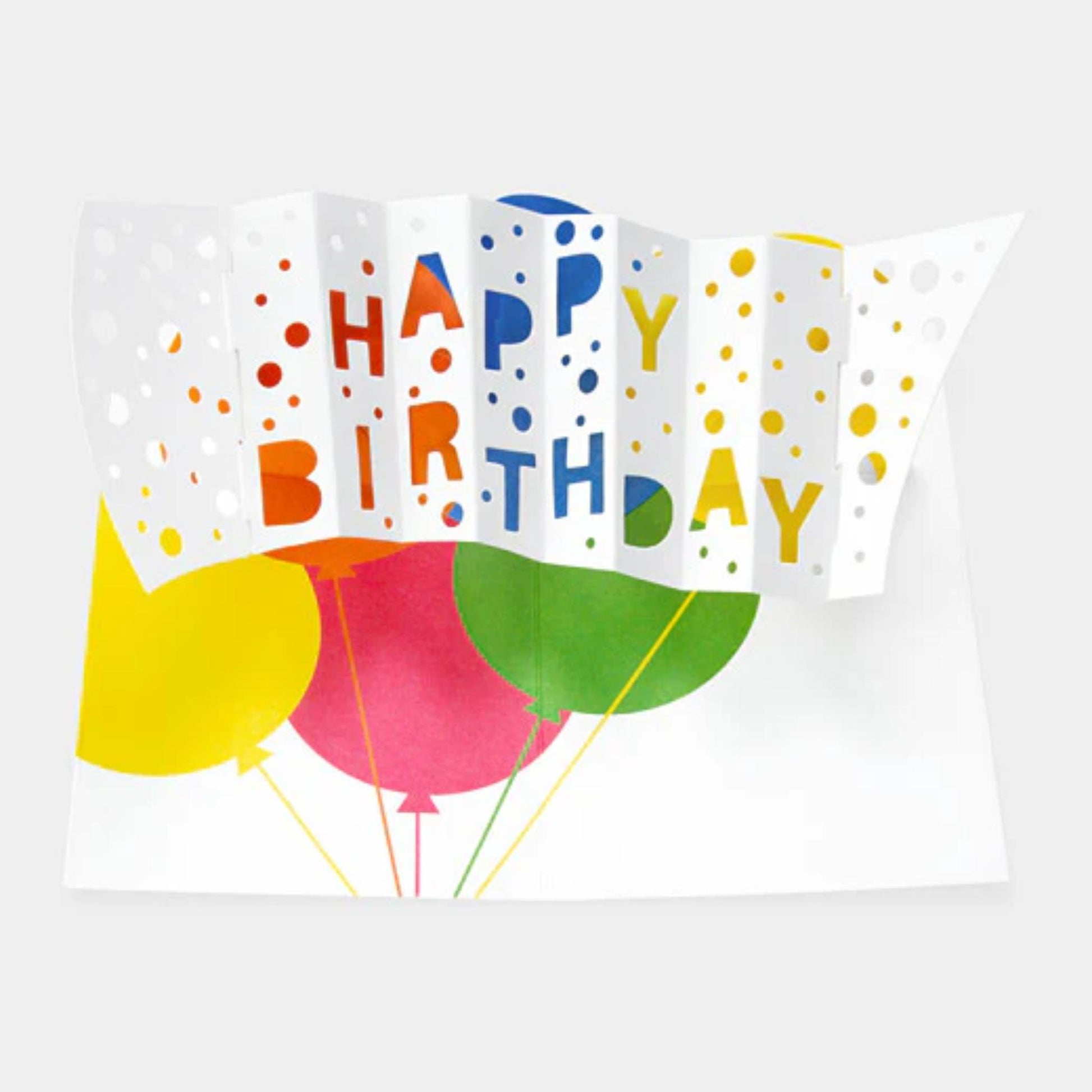 Geöffnete Pop-up-Grusskarte mit Luftballons und Happy Birthday Schriftzug