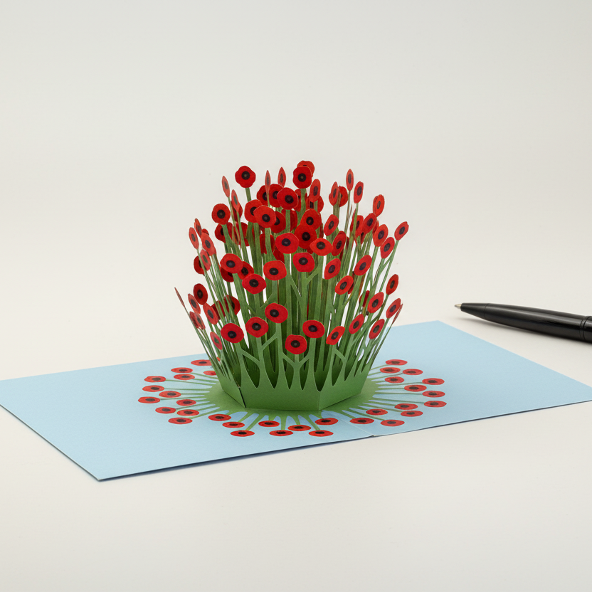 3D Pop-up Grusskarte „Blooming Poppies“ mit rotem Mohnblumen-Motiv mit Kugelschreiber als Grössenreferenz