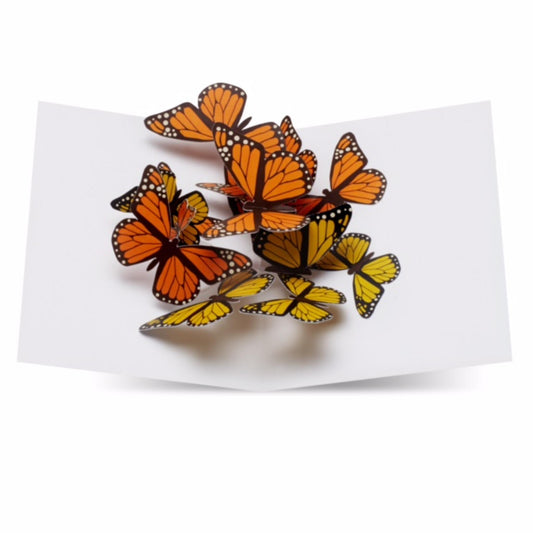 Geöffnete Grusskarte „Beautiful Butterflies“ mit 3D-Pop-up gelben und orangenen Schmetterlingen