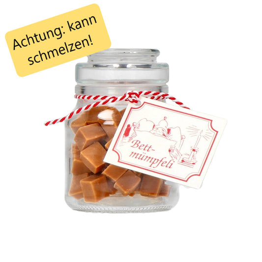 Zartschmelzende Rahmtäfeli in elegantem Glas – cremige Schweizer Rahmkaramellen, perfekt zum Naschen und Verschenken.