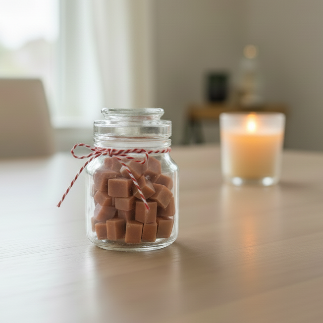Rahmcaramell im Glas auf dem Tisch mit einer Kerze
