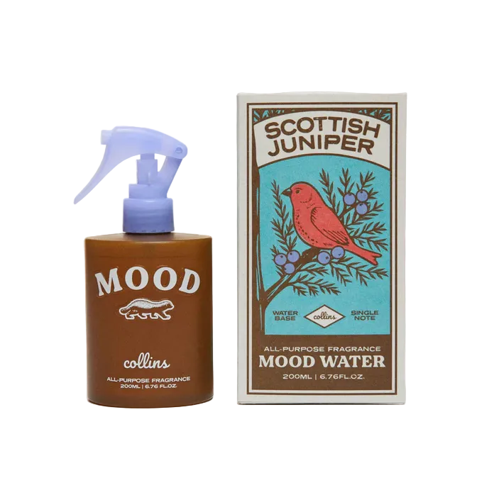 Collins Mood Water Scottish Juniper Raumspray mit passender Verpackung – Braune Flasche und hellblaue Box mit Vogel-Illustration als edles Duftspray-Geschenk von Lovapres.