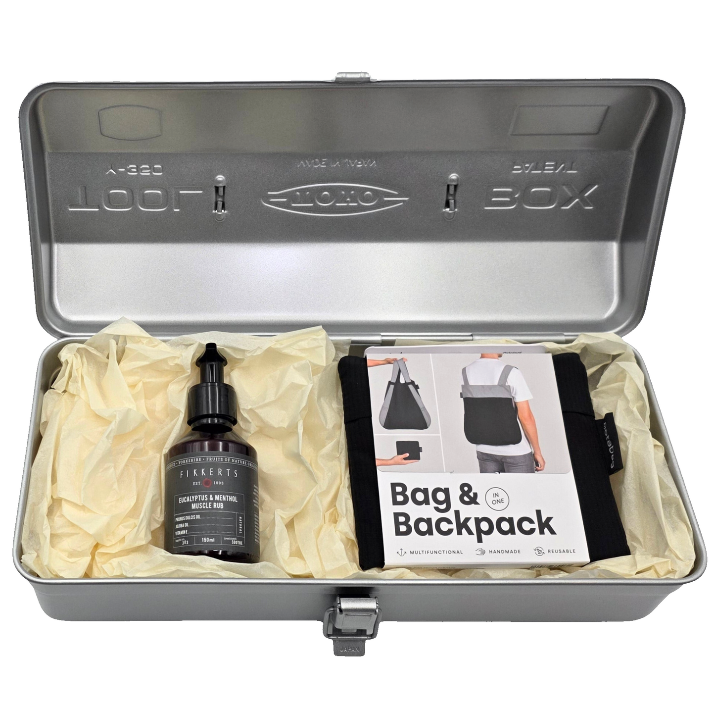 Ride & Recover Geschenkbox in Toyo Y-350 Toolbox geöffnet mit Notabag Rucksack und Muskel-Lotion – Geschenk für Velofahrer