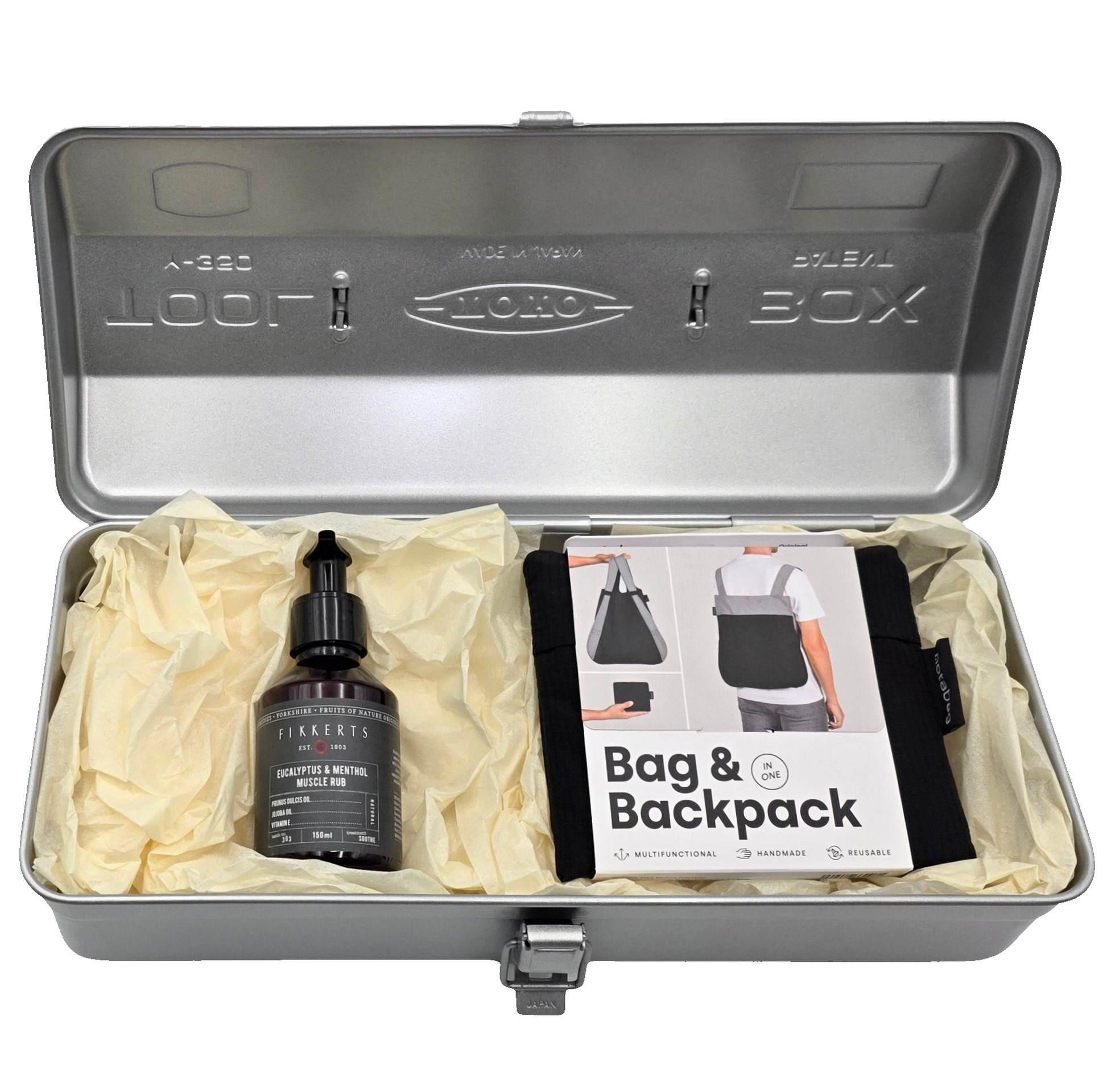 Ride & Recover Geschenkbox in Toyo Y-350 Toolbox geöffnet mit Notabag Rucksack und Muskel-Lotion – Geschenk für Velofahrer