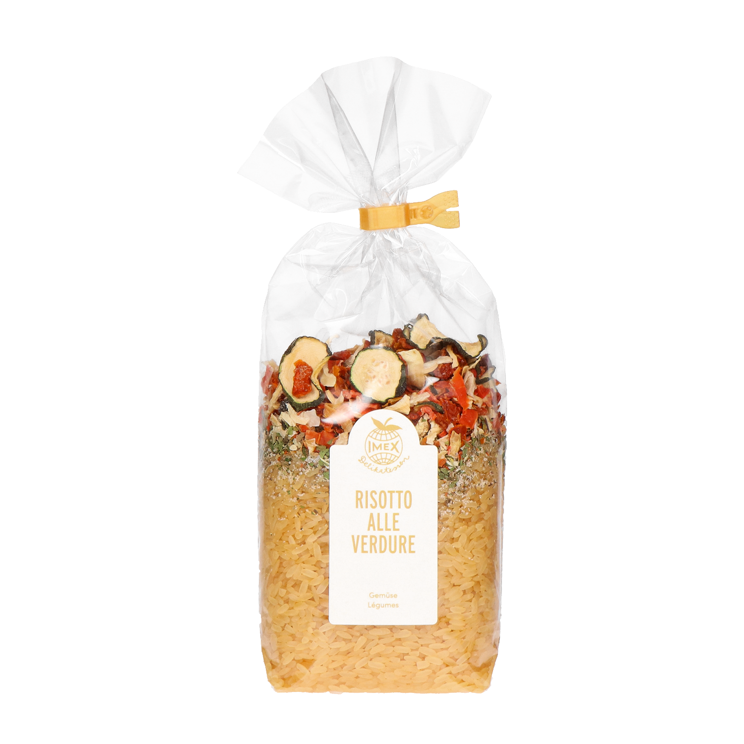 Risottomischung im Glas mit getrocknetem Gemüse und Gewürzen, dekorativ verpackt – ideal als Geschenk oder für genussvolle Mahlzeiten