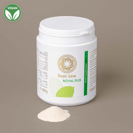 Royal Plus Basenpulver in der Geschmacksrichtung Tropische Früchte, veganes Nahrungsergänzungsmittel für basenorientierte Ernährung.