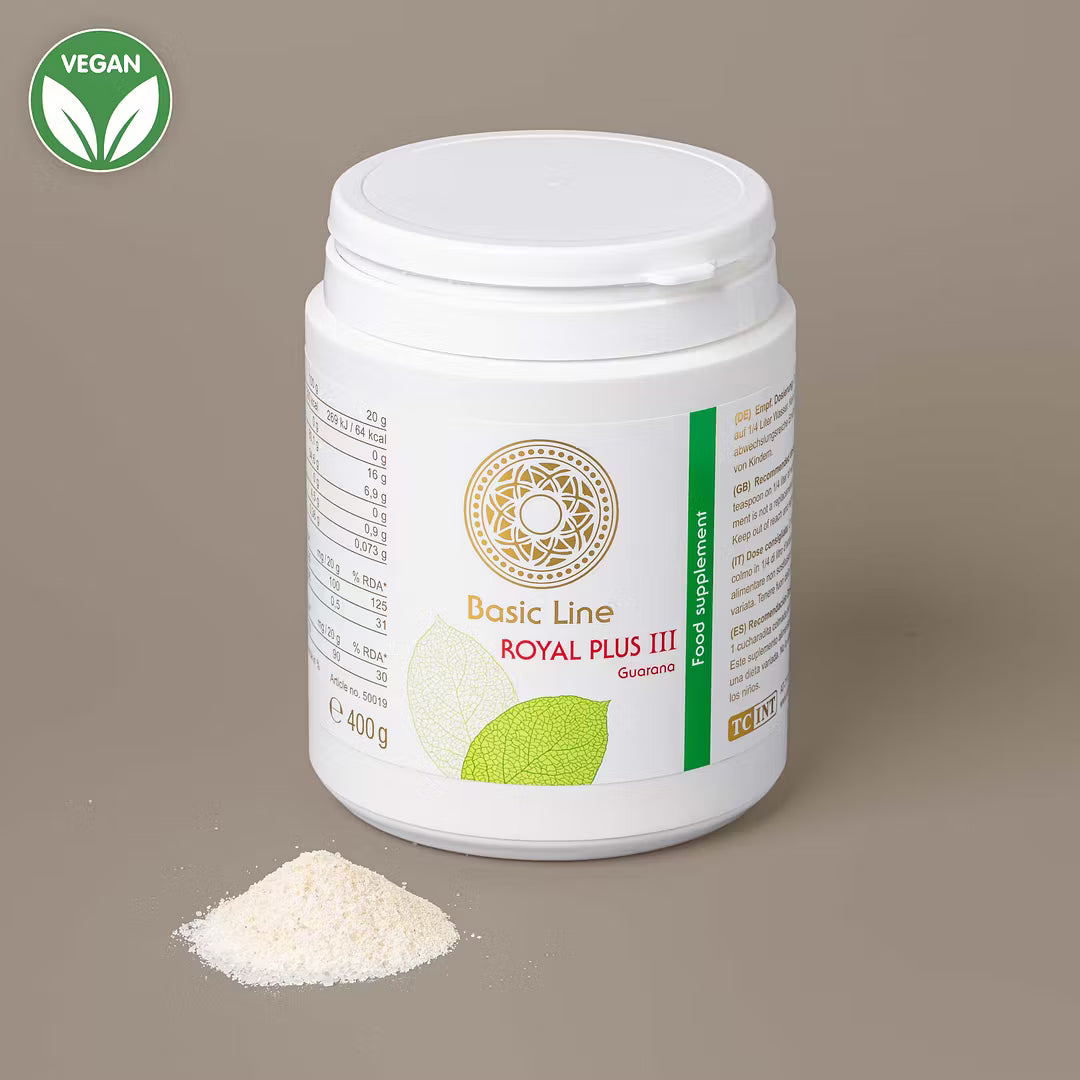Royal Plus Basenpulver mit Guarana, veganes Supplement zur Unterstützung der täglichen Mineralstoffaufnahme.