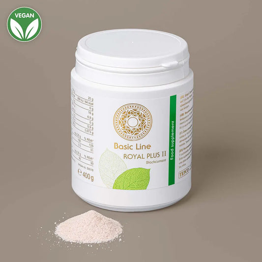Royal Plus Basenpulver mit schwarzer Johannisbeere und Zitrone, Mineralstoff- und Vitaminergänzung für eine ausgewogene Ernährung.