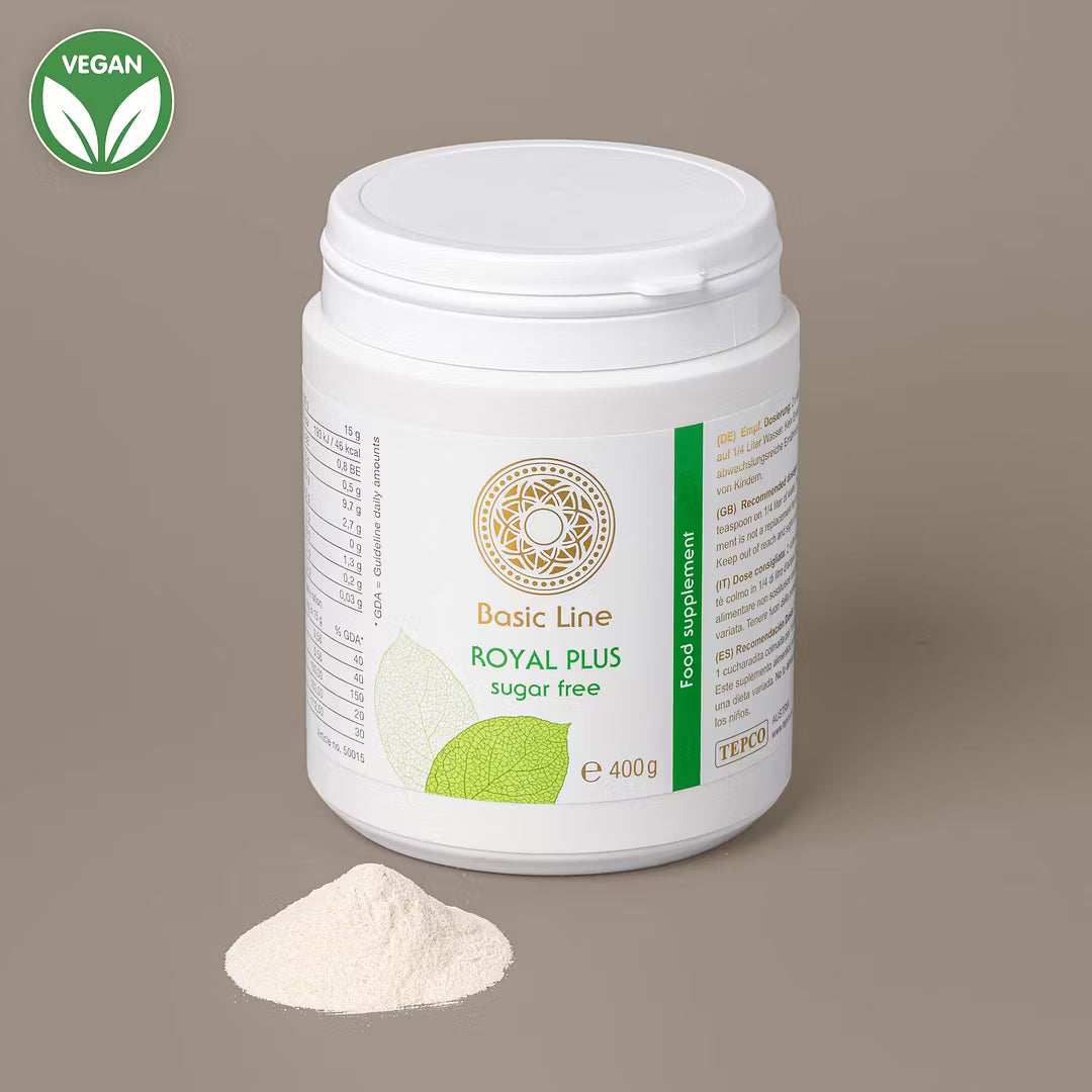 Royal Plus Basenpulver Sugar Free, neutrale Geschmacksrichtung ohne Zucker, für basenorientierte Ernährung und Mineralstoffversorgung.