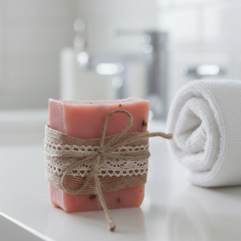 Handgemachte Seife mit Wildrosenduft im Badezimmer