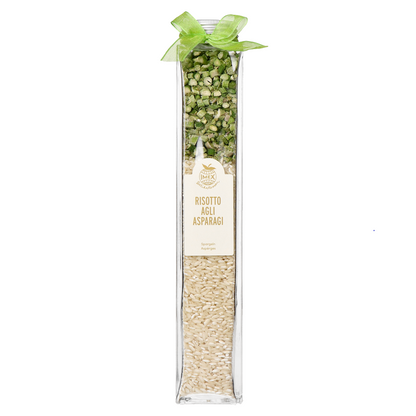 Risottomischung im Glas mit Carnarolireis und getrocknetem Spargel – Schweizer Feinkostprodukt, dekorativ und genussfertig.