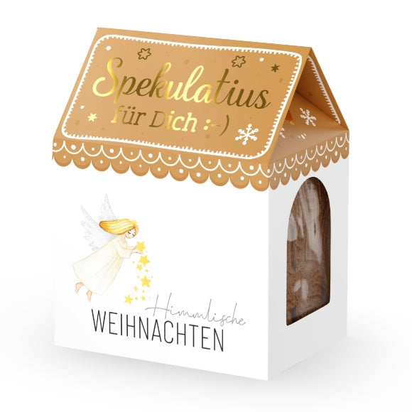 Knusprige Spekulatius-Kekse in dekorativer Häuschenverpackung – liebevolles Weihnachtsgeschenk mit traditionellem Geschmack.
