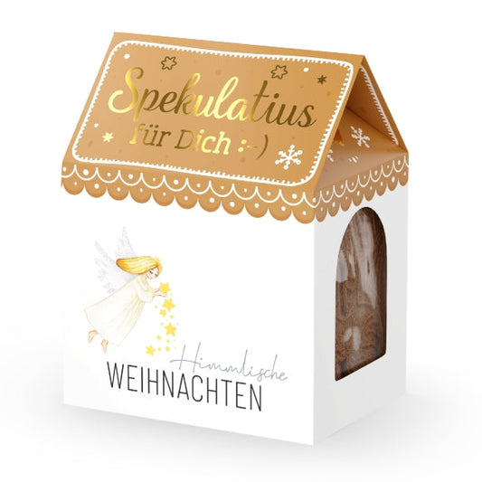 Knusprige Spekulatius-Kekse in dekorativer Häuschenverpackung – liebevolles Weihnachtsgeschenk mit traditionellem Geschmack.