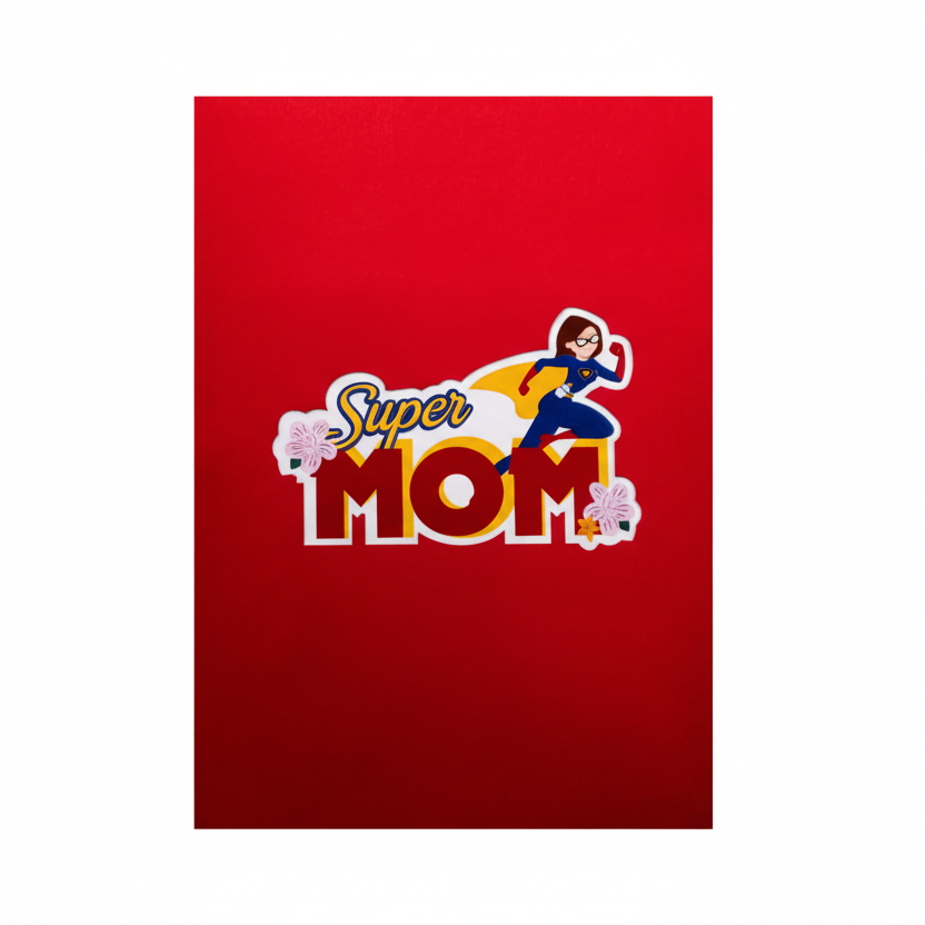 Vorderseite der 3D Grusskarte „Super Mom“ mit Superheldin Motiv