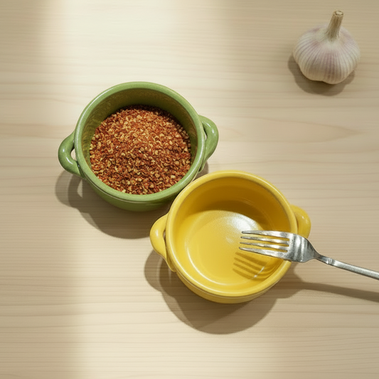 Gelbe und grüne Tonschalen mit Aglio Olio Peperoncino Gewürzmischung auf einem Tisch