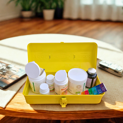 Toyo Y-350 gelb als Aufbewahrungsbox für Medikamente und Nahrungsergänzungsmittel