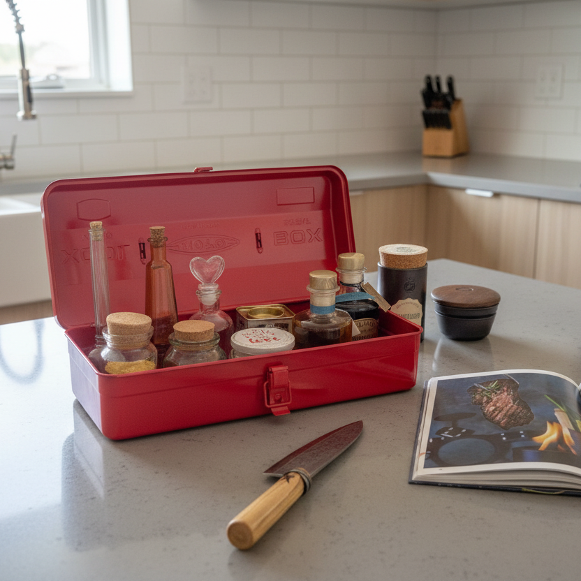 Rote Toyo Y-350 Werkzeugbox in der Küche als Gewürzhalter