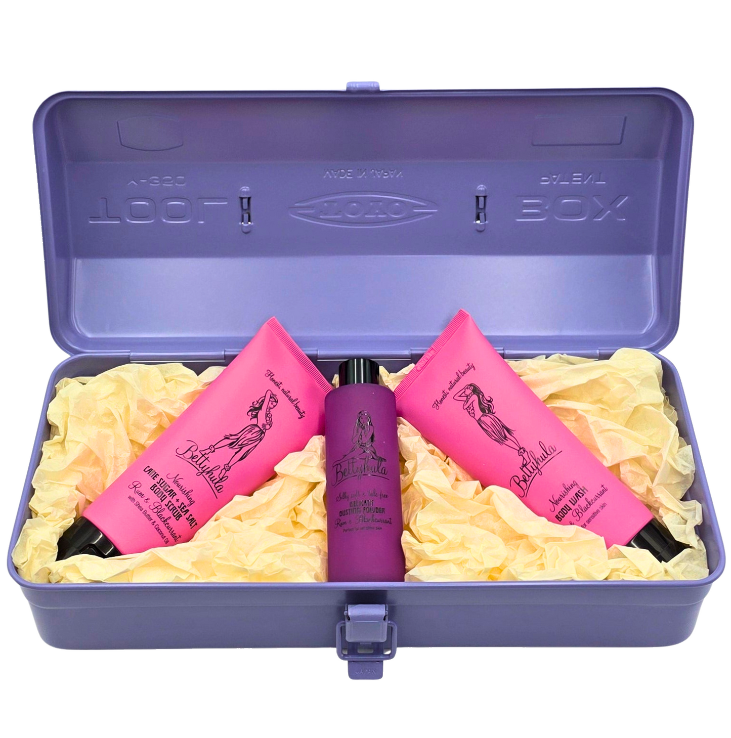 Lila Toyo Stahl Aufbewahrungsbox gefüllt mit Bettyhula Pflegeprodukten – schöne Geschenkidee für Frauen