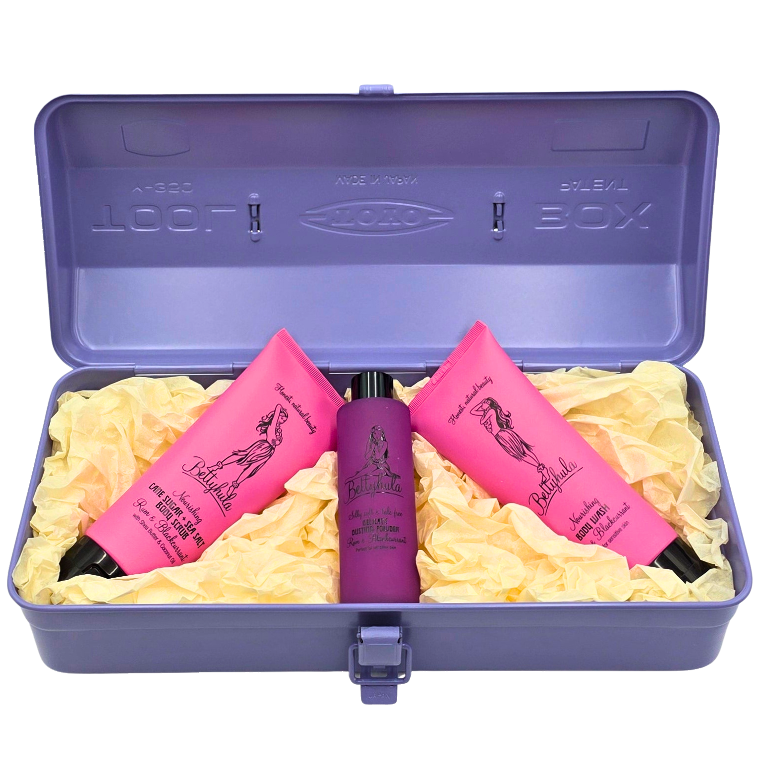 Lila Toyo Stahl Aufbewahrungsbox gefüllt mit Bettyhula Pflegeprodukten – schöne Geschenkidee für Frauen
