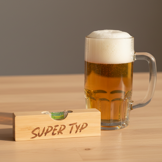Bierbuddy mit dem Schriftzug ''Super Typ'' neben einem Glass Bier
