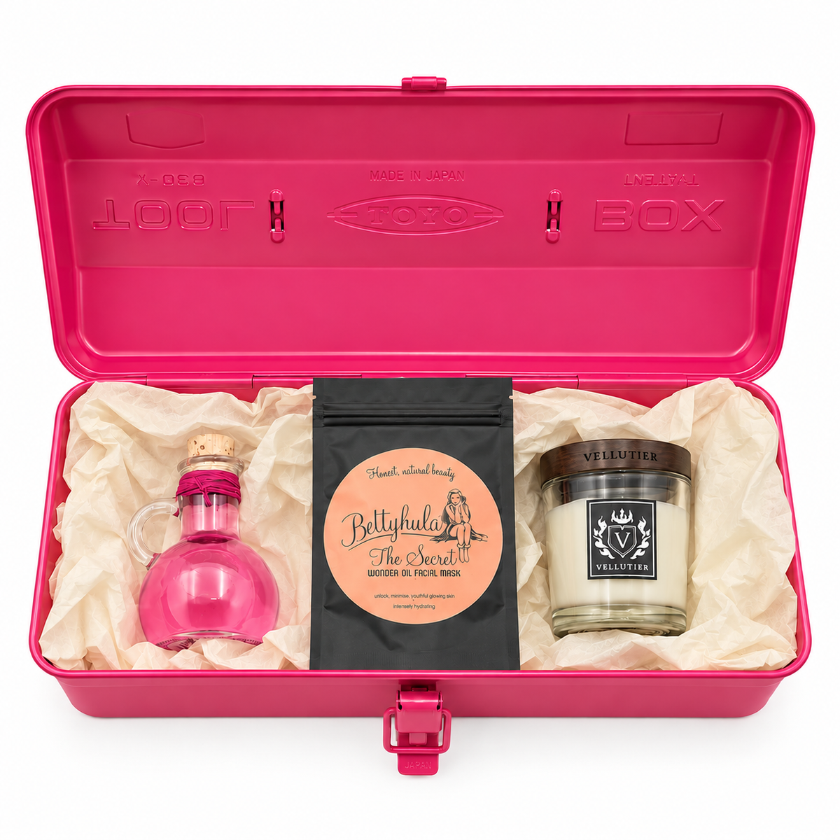 RELAX & GLOW Geschenkbox in pinker Toyo Steel Box mit Kerze, Gesichtsmaske und Wellnessprodukten