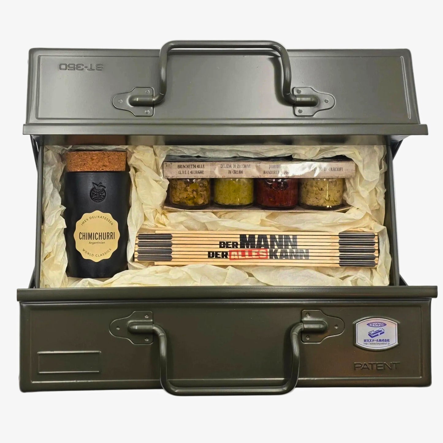 Werk und Würze Geschenkbox für ihn, Khaki Werkzeugbox für die Werkstatt oder als Geburtstagsgeschenk