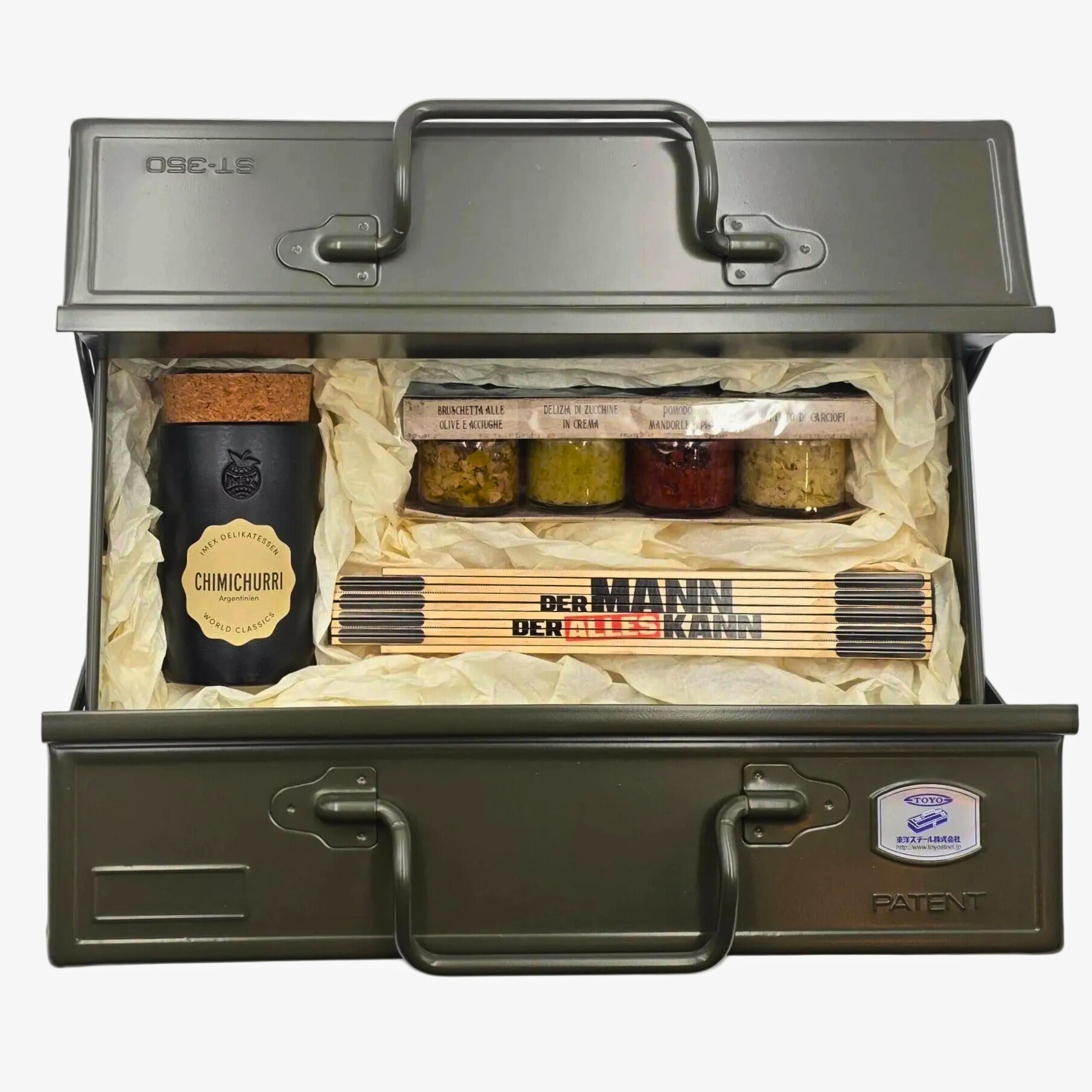 Werk und Würze Geschenkbox für ihn, Khaki Werkzeugbox für die Werkstatt oder als Geburtstagsgeschenk